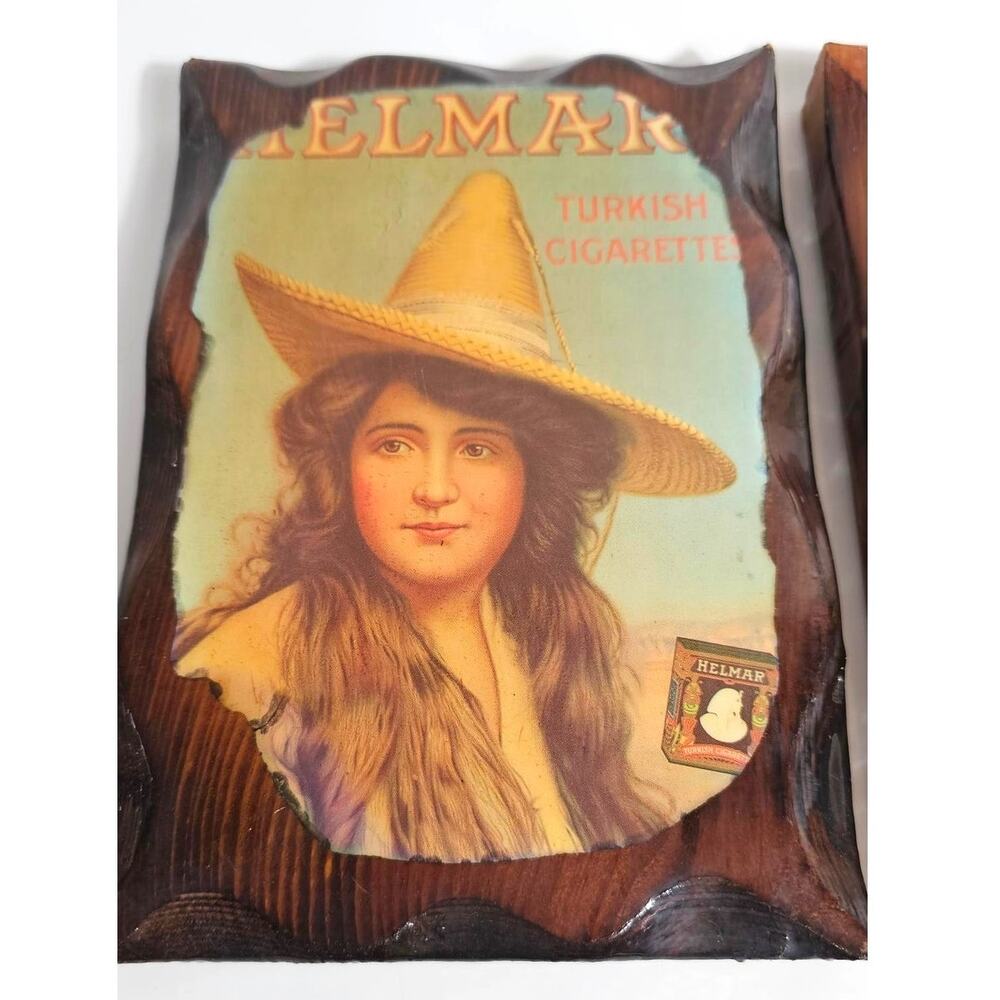 Vintage 70s Decoupage Wood Plaque Helmar Turkish Cigarettes Tobacco Ad Wall Art